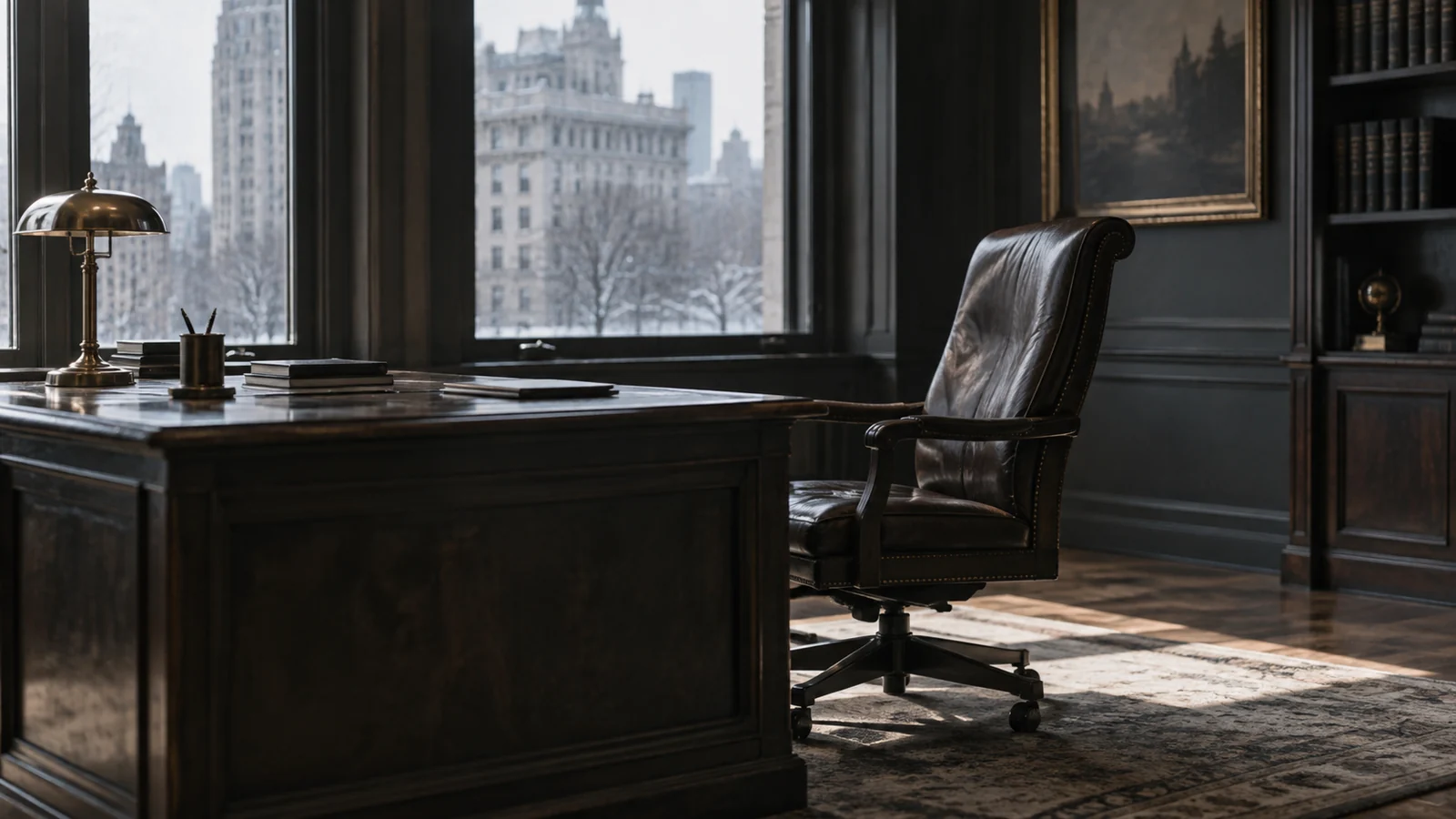 Conceptual photograph: A single empty broker's chair in a quiet old trading office after closing, pale winter light across the floor