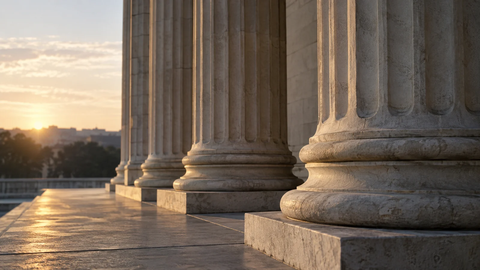 Conceptual photograph: A close architectural study of unmarked limestone government columns at dawn, no flags or seals