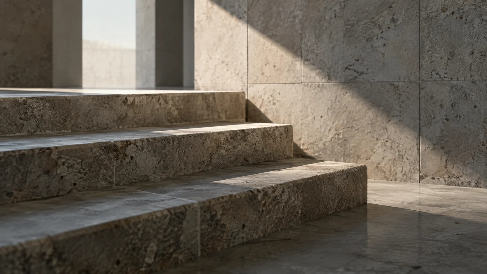 Conceptual photograph: Three simple weathered stone steps ascending through a quiet modern building, no people