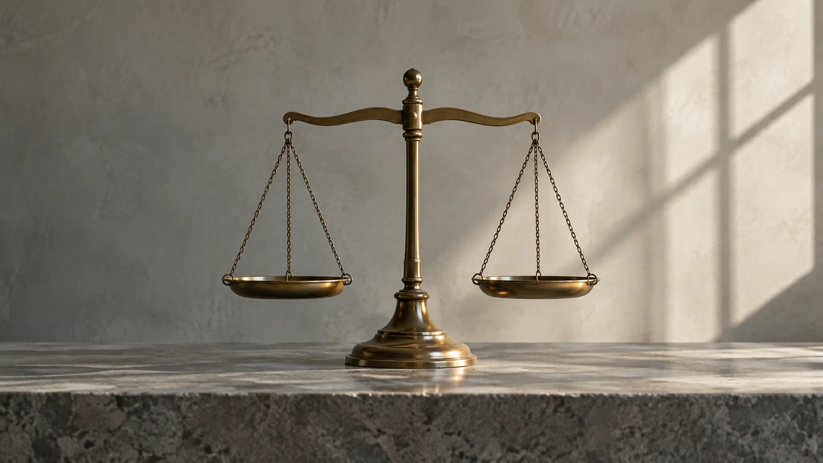 Conceptual photograph: A single heavy brass balance scale standing level on an austere stone table, empty pans
