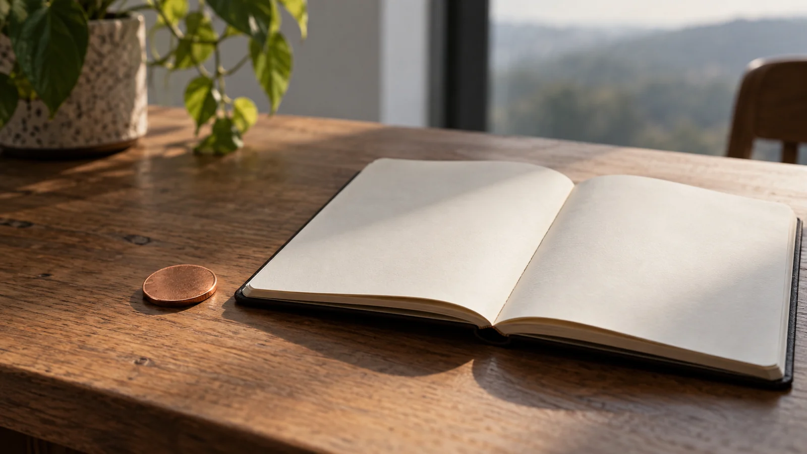 Conceptual photograph: A plain unmarked copper coin beside an open blank notebook on a clean wooden desk