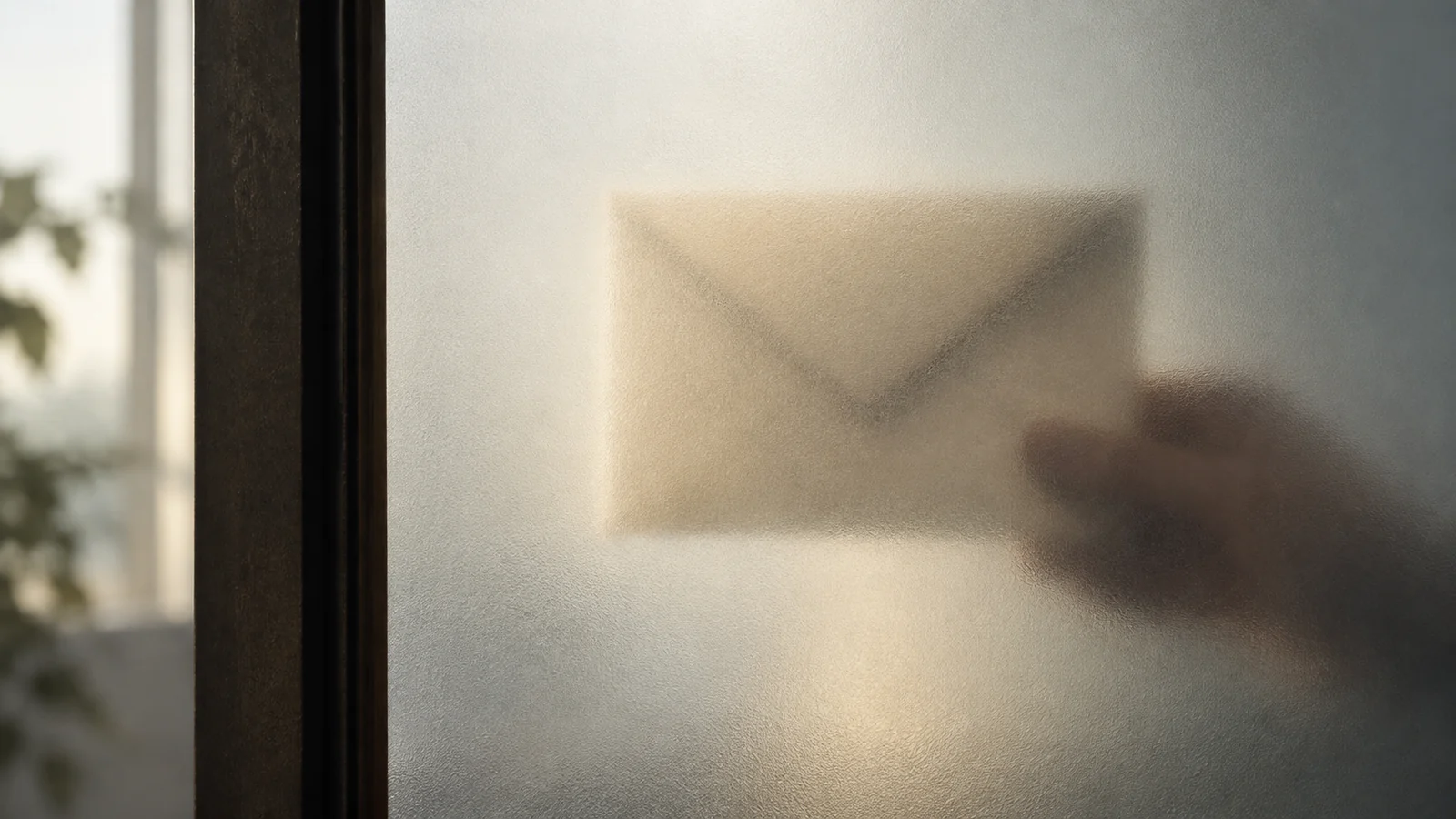 Conceptual photograph: A sealed unmarked letter behind a softly translucent frosted glass panel, private and calm