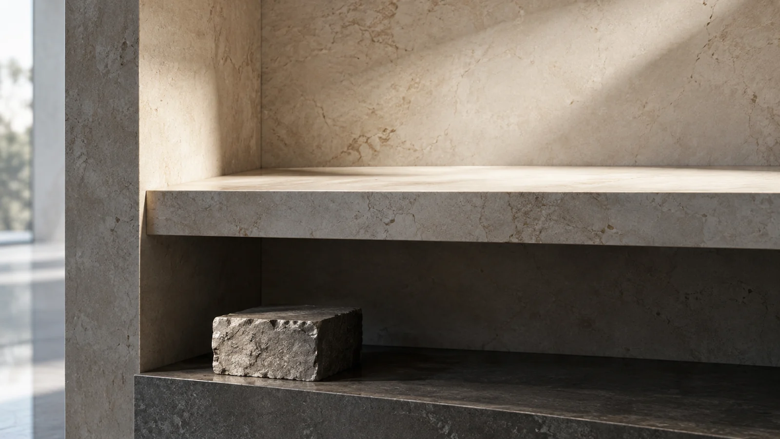 Conceptual photograph: A small durable stone block resting on a lower shelf beneath a brighter empty display ledge, architectural still life