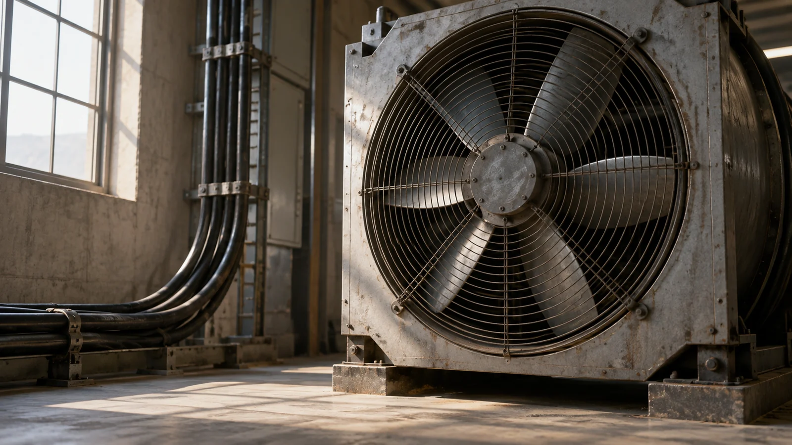 Conceptual photograph: A realistic industrial cooling fan and heavy cable in a clean utilitarian workshop, no screens
