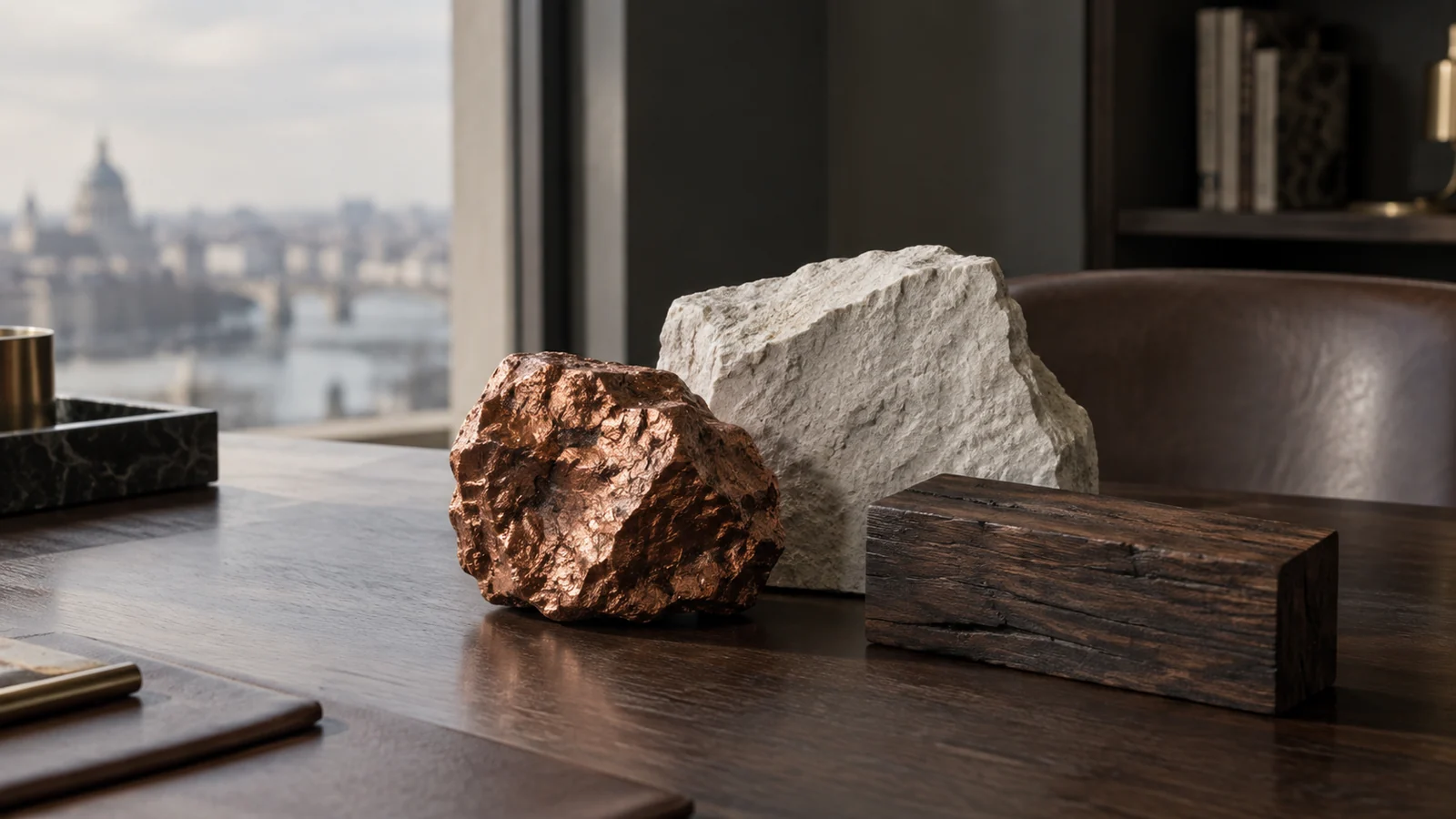 Conceptual photograph: A precise arrangement of three different raw material samples on a portfolio desk, copper, limestone, and dark wood