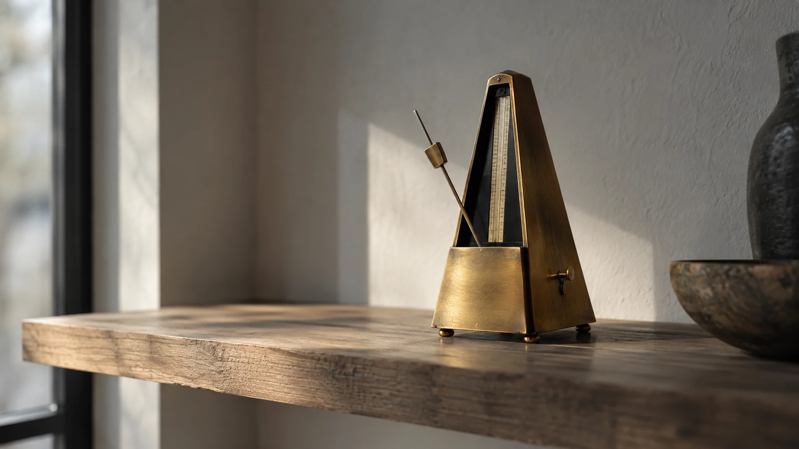 Conceptual photograph: A single brass metronome paused mid-swing on a bare oak shelf, shallow depth of field