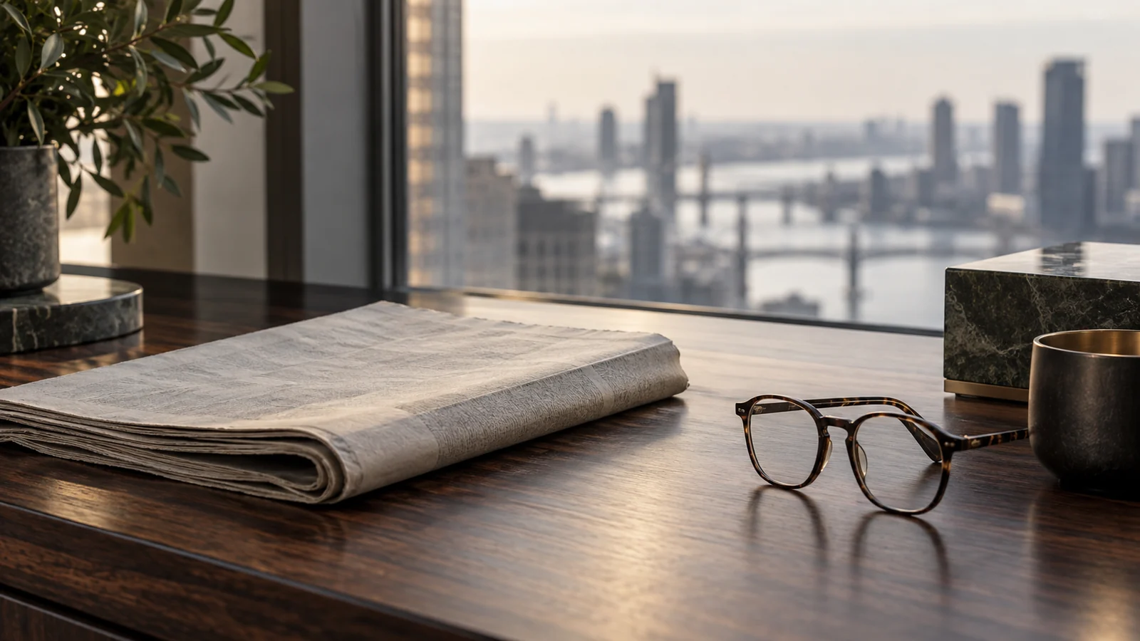 Conceptual photograph: An unprinted folded financial newspaper beside reading glasses on a walnut desk, no lettering