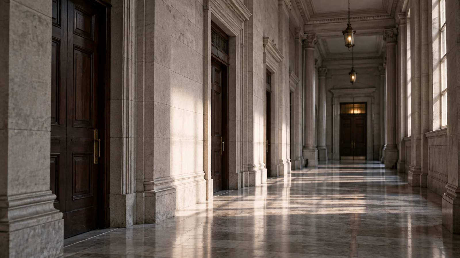 Conceptual photograph: A vacant courthouse corridor with repeating stone doorways and restrained natural light, no insignia