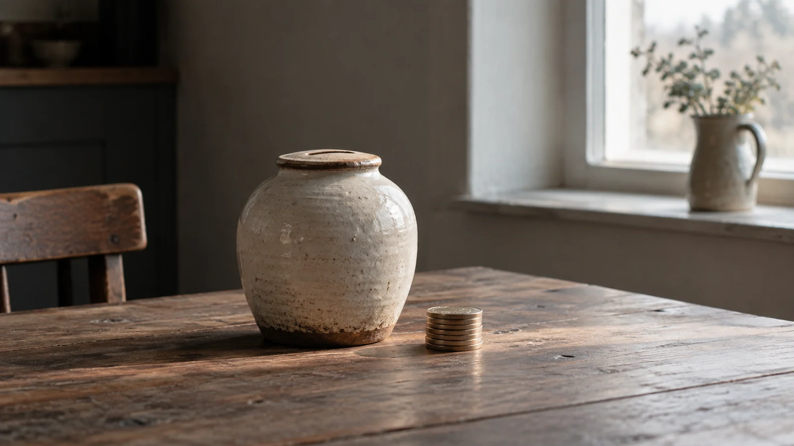 Conceptual photograph: An old ceramic savings jar and a small orderly stack of plain coins on a modest kitchen table