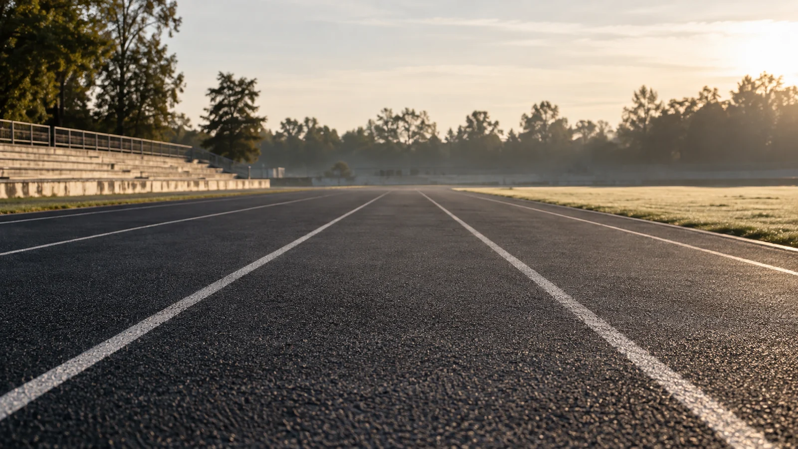 Conceptual photograph: Four clean lanes of an empty running track photographed from low angle in soft morning light