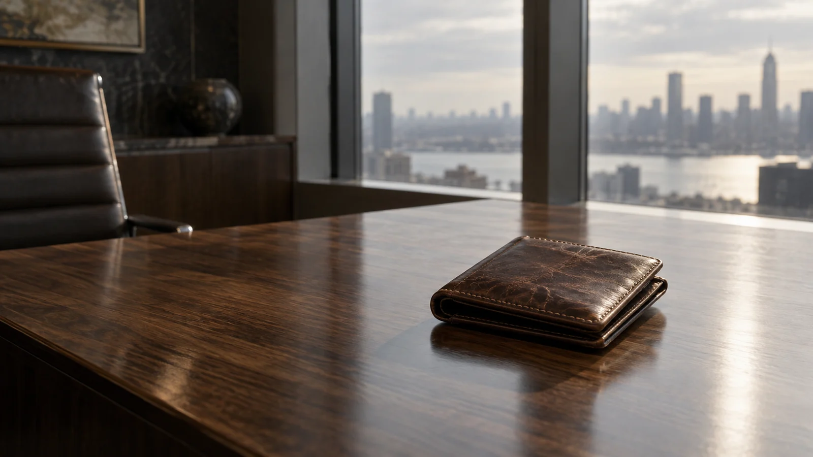 Conceptual photograph: A fine but worn leather wallet closed on an otherwise empty polished desk, contemplative