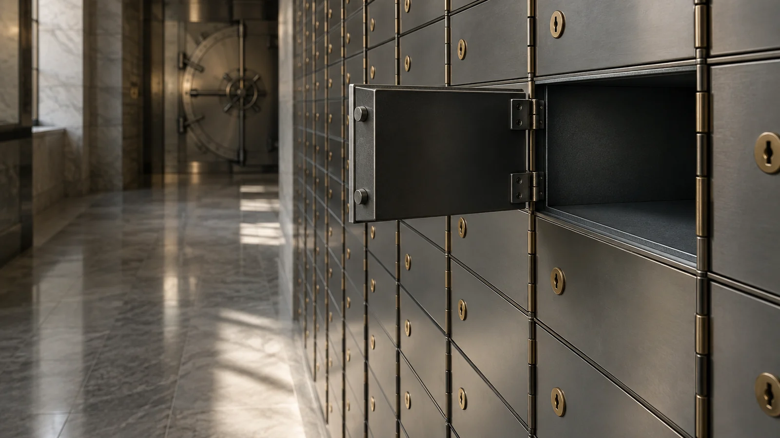 Conceptual photograph: A view along a real bank vault corridor with one open empty safe deposit box, no people