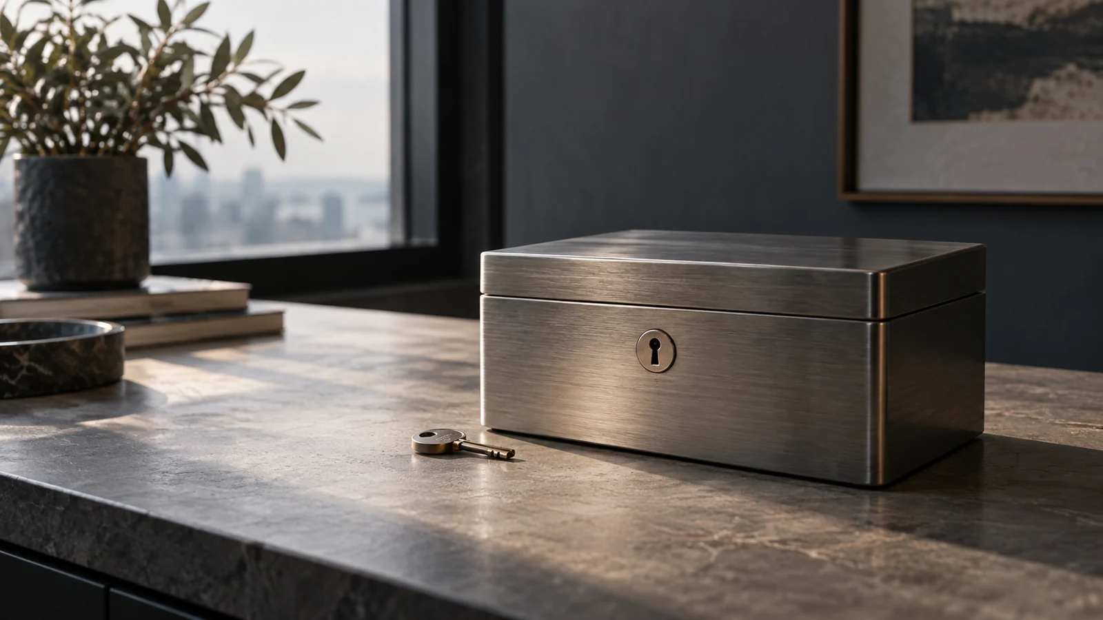 Conceptual photograph: A closed brushed steel lockbox on a quiet desk with one small physical key beside it