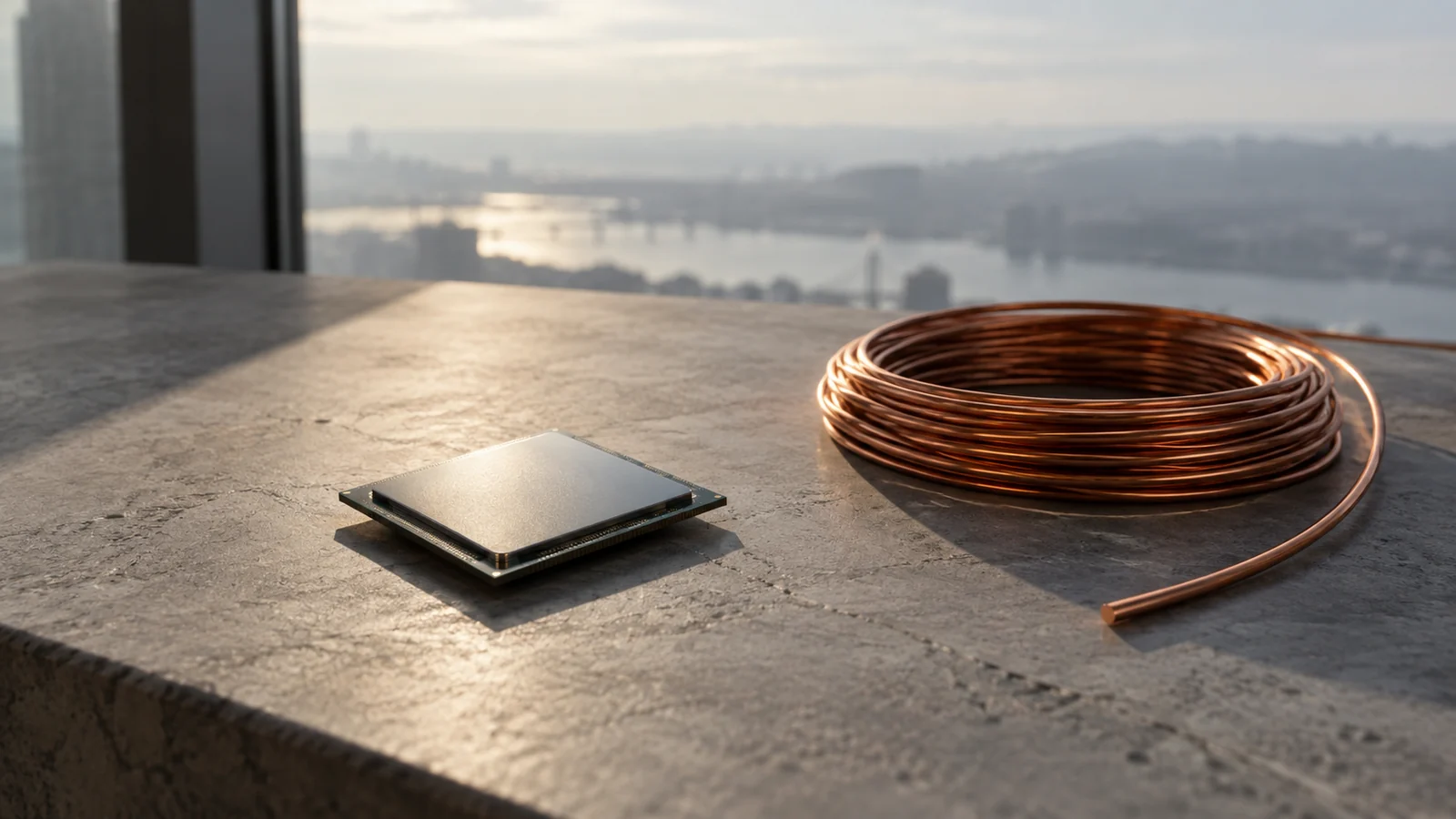 Conceptual photograph: A single plain silicon chip on a matte stone table beside a coiled copper wire, natural light