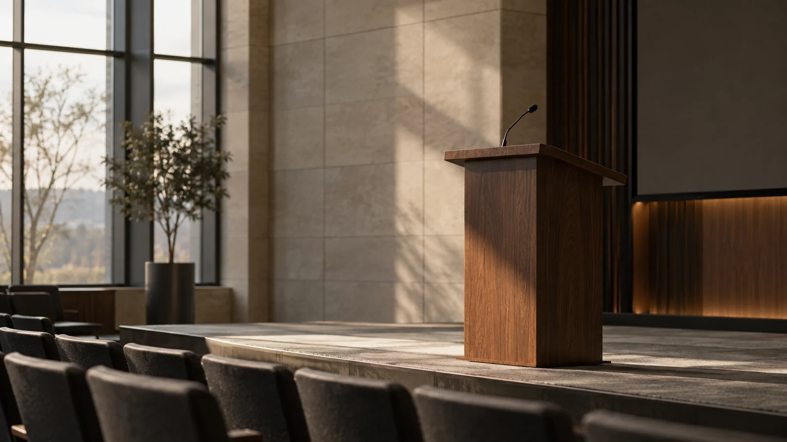 Conceptual photograph: An empty wooden lectern in a modest contemporary auditorium before the audience arrives, no branding