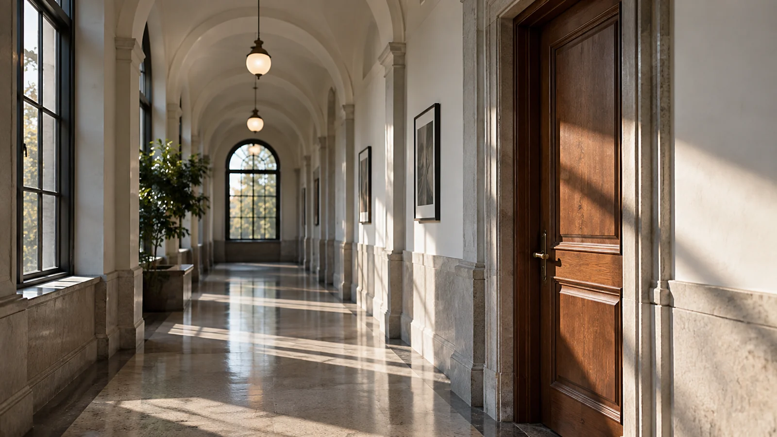 Conceptual photograph: A sunlit university research corridor with a single closed office door, no signage or people