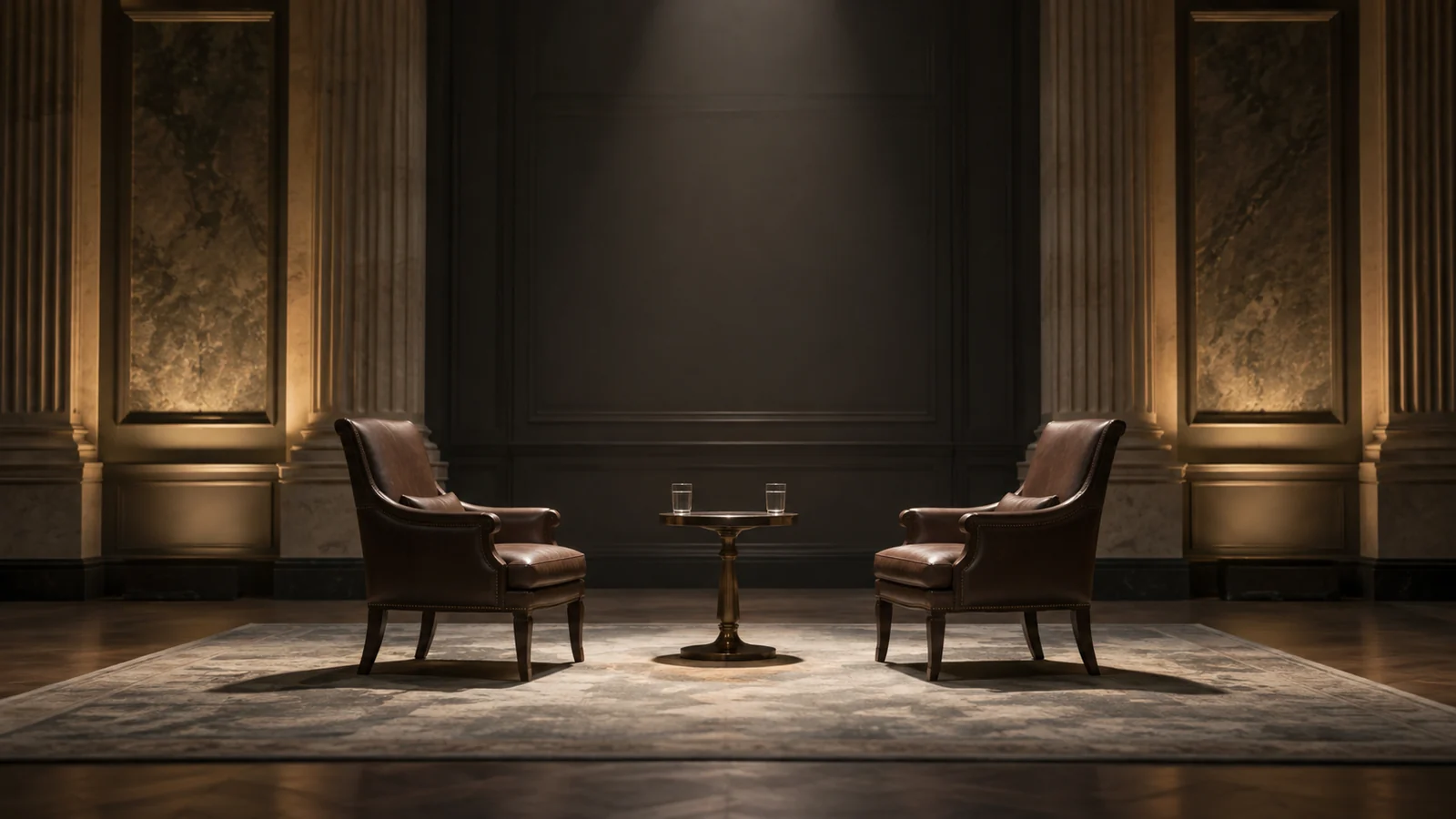 Conceptual photograph: Two empty facing chairs under a single pool of light in a restrained debate hall, no people