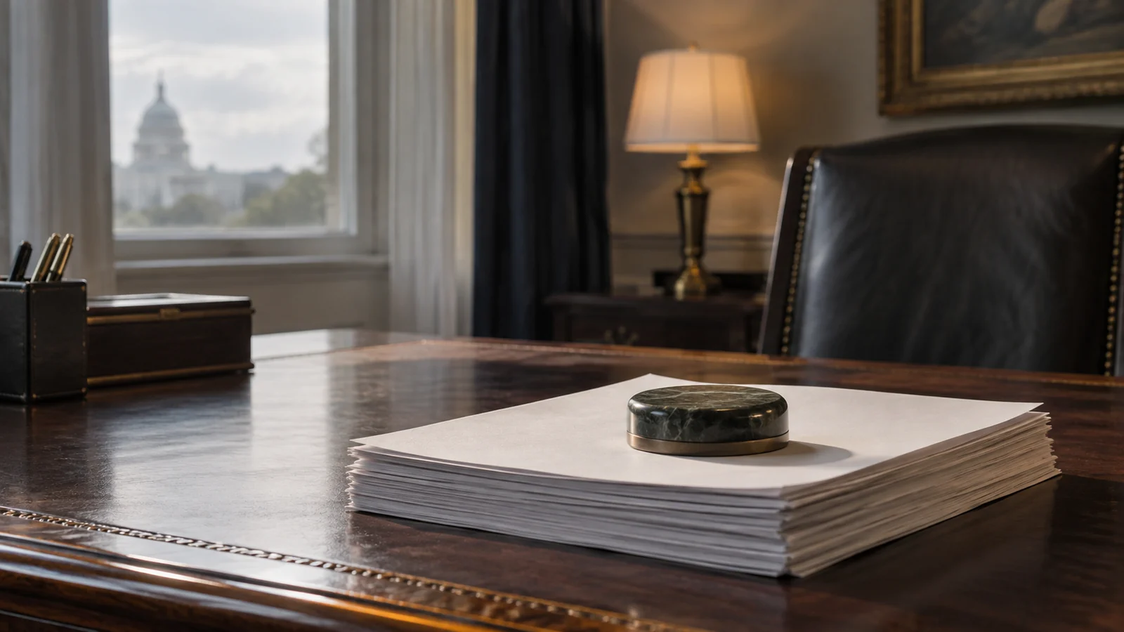 Conceptual photograph: A stack of blank policy papers on a stately but unmarked government office desk, one paperweight