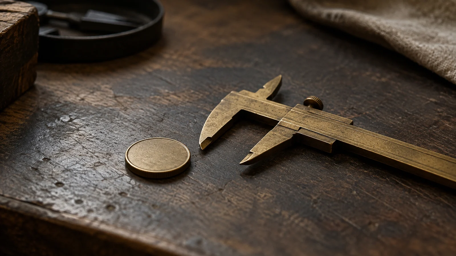 Conceptual photograph: A watchmaker's single brass caliper laid beside a plain unmarked coin on a workbench