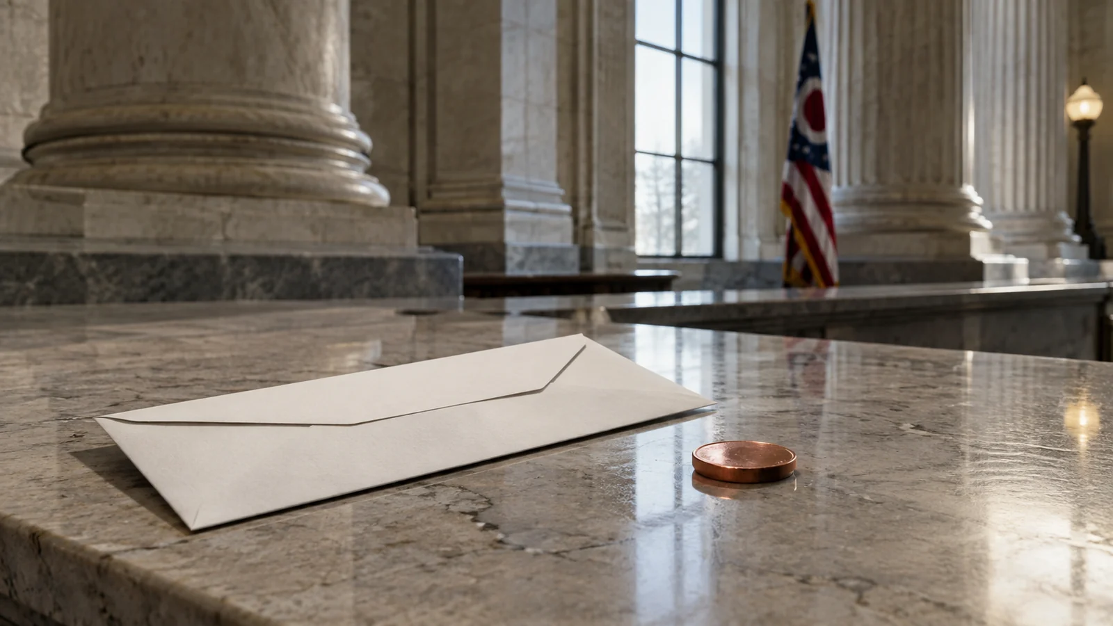 Conceptual photograph: A plain tax envelope without text resting beside an unmarked copper coin on a civic stone counter