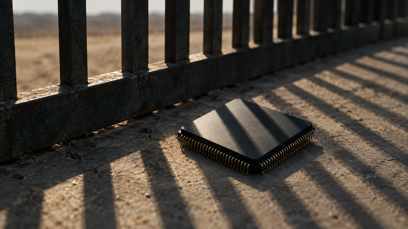 Conceptual photograph: A close view of a steel border fence casting a shadow across a single unmarked silicon chip