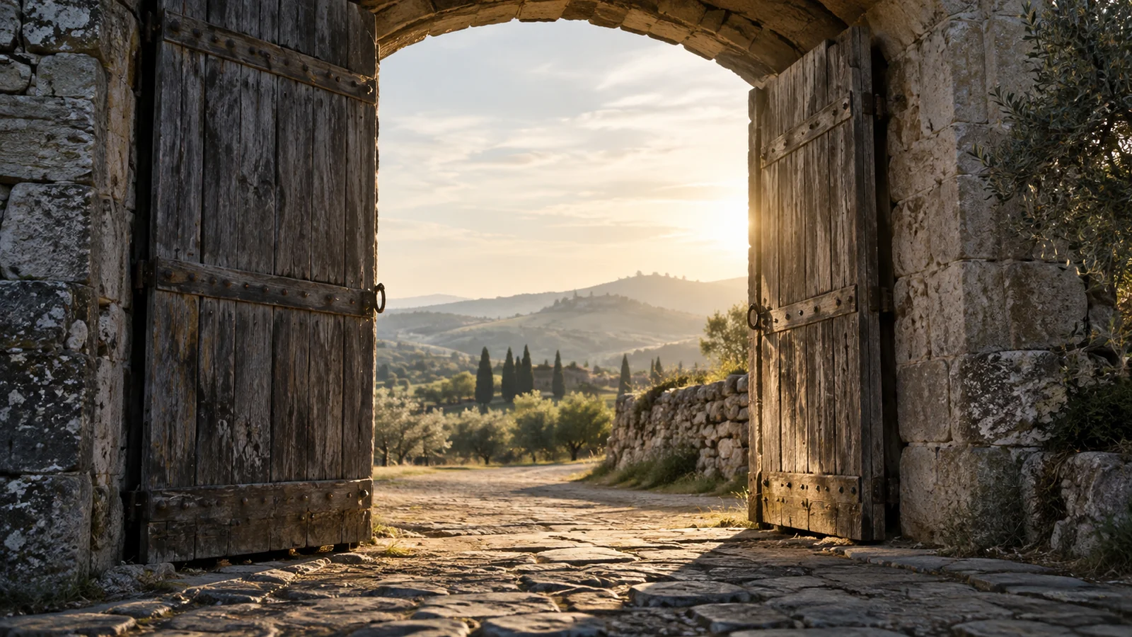Conceptual photograph: An old wooden gate standing partly open to a quiet sunlit landscape, no horses or people