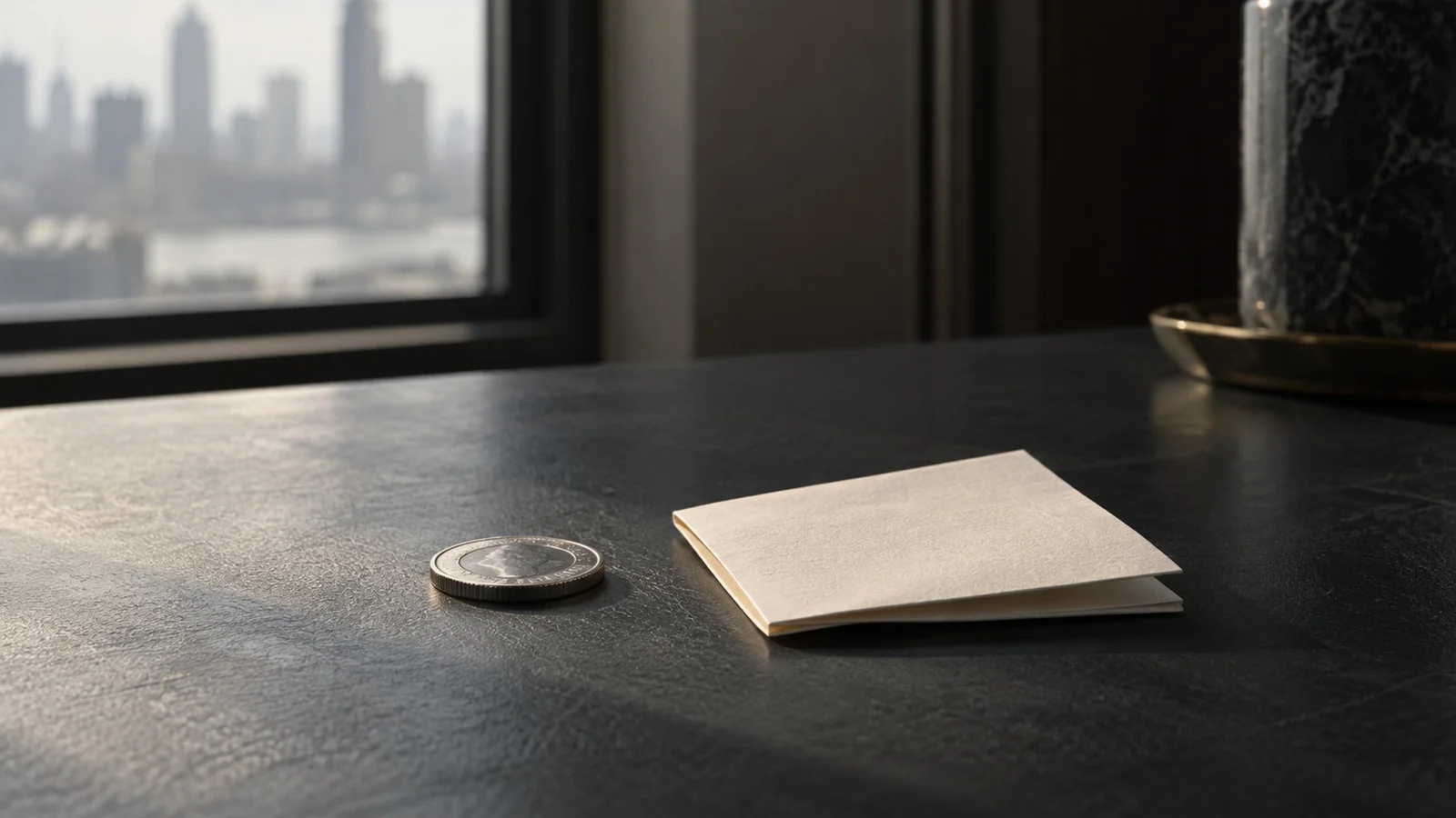 Conceptual photograph: A single plain silver coin and one blank folded paper note side by side on a dark desk