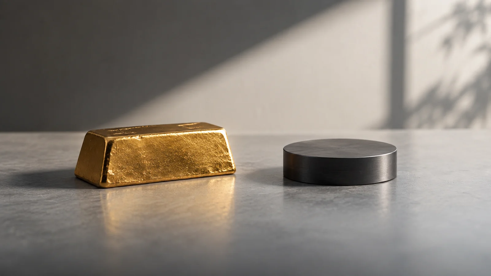 Conceptual photograph: A modest gold ingot beside a plain dark metal disk on a precise neutral tabletop, no marks