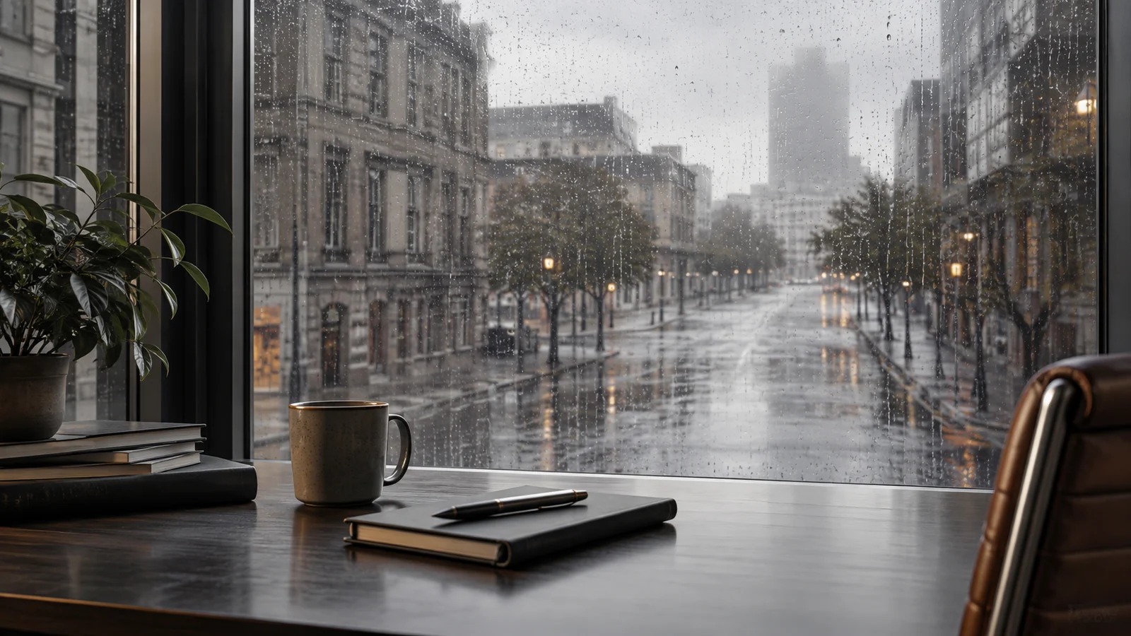 Conceptual photograph: An empty city street seen through a rain-streaked office window with a simple desk foreground