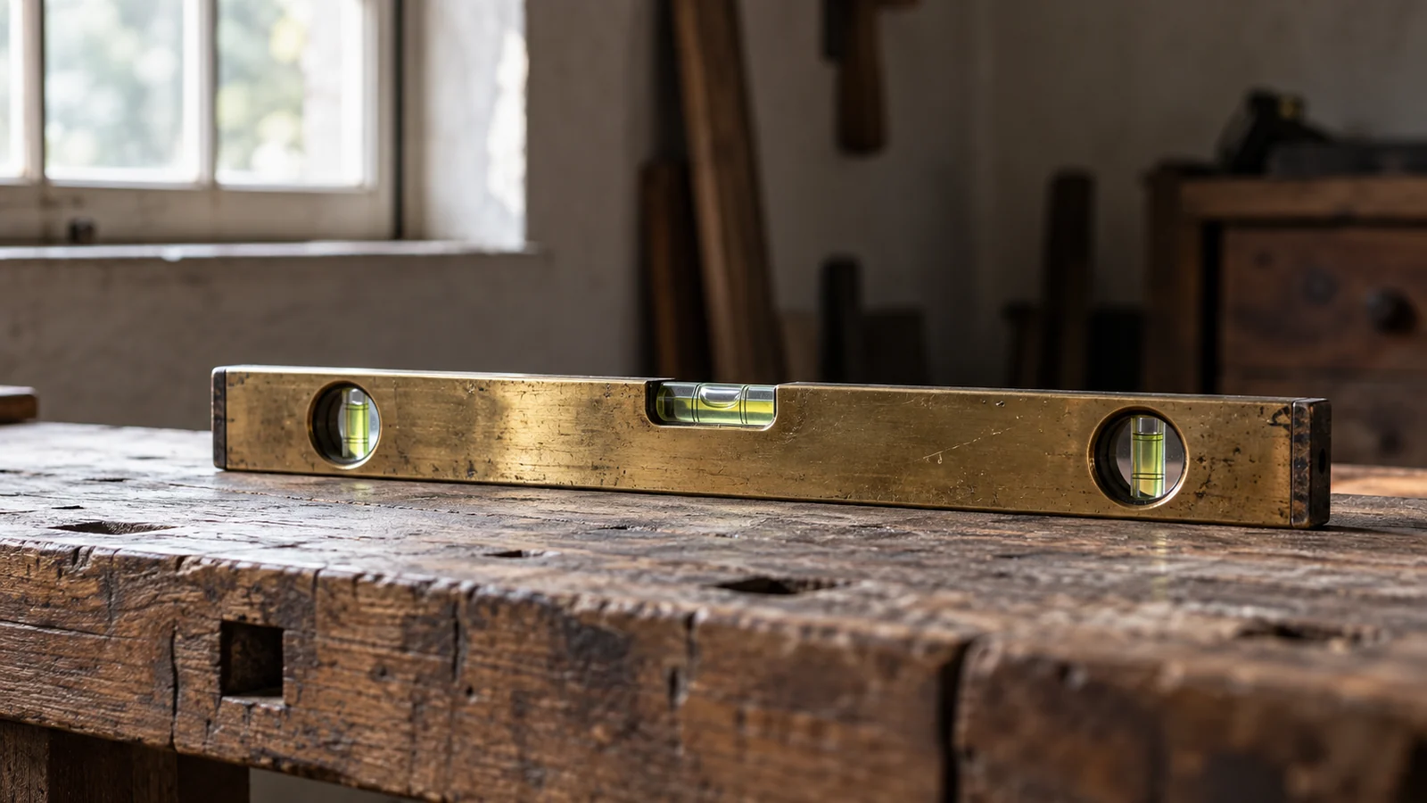 Conceptual photograph: A brass spirit level on an old oak workbench in a quiet workshop