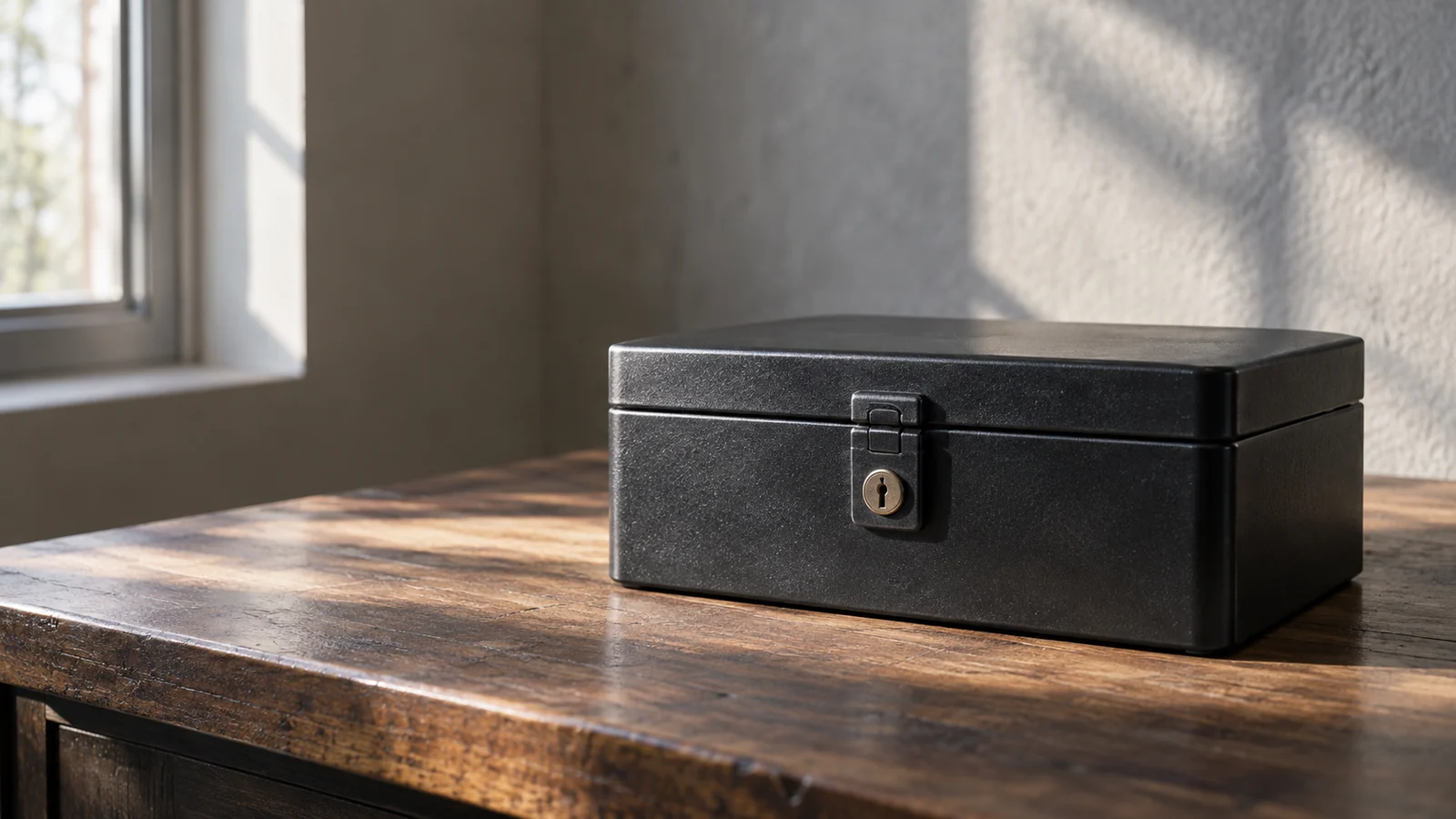Conceptual photograph: A sturdy black metal lockbox with a closed clasp on a bare wooden desk, directional daylight
