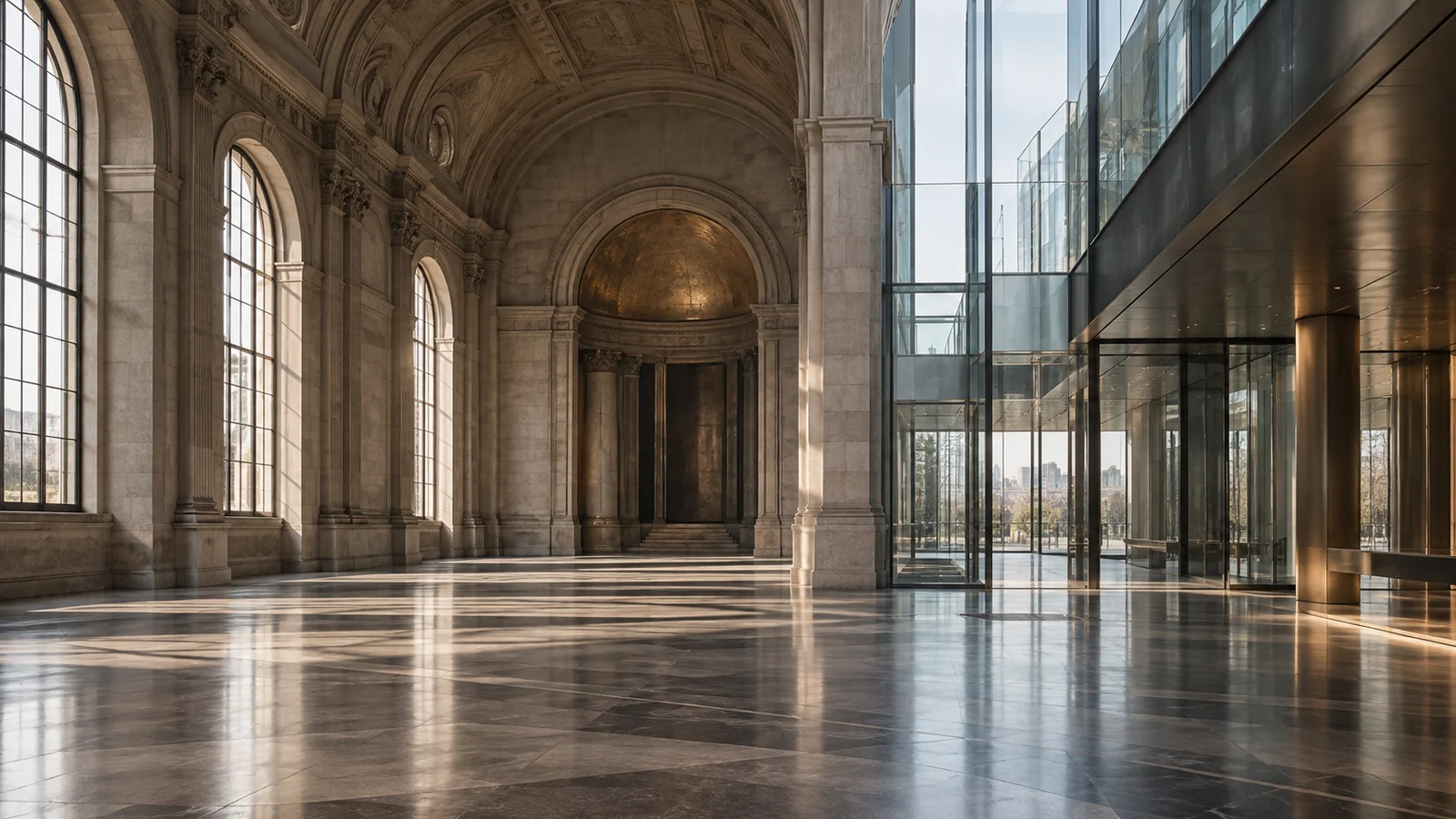 Conceptual photograph: A traditional stone exchange hall meeting a modern glass annex