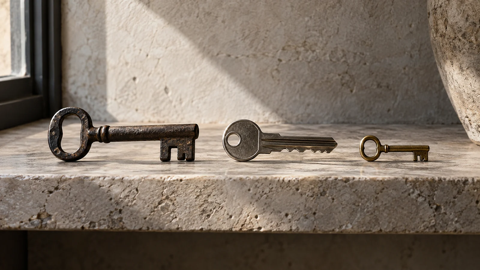 Conceptual photograph: Three physical keys, old iron, modern steel, and small brass, aligned on a limestone shelf
