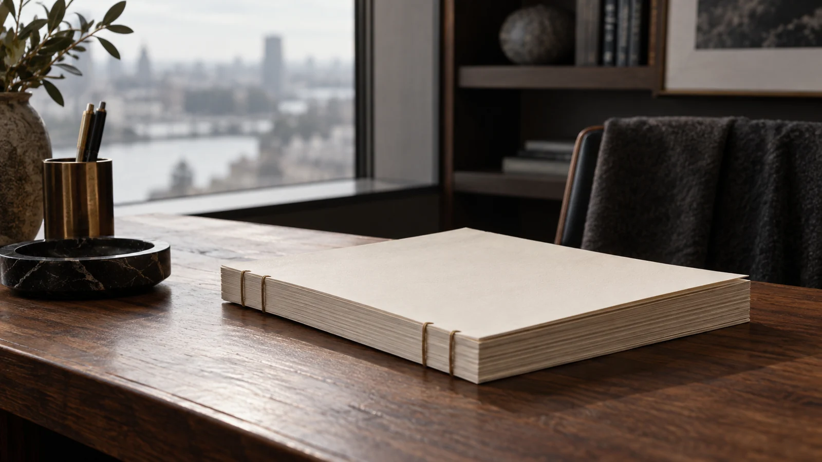 Conceptual photograph: A neatly bound stack of unprinted cream research pages on a walnut writing desk
