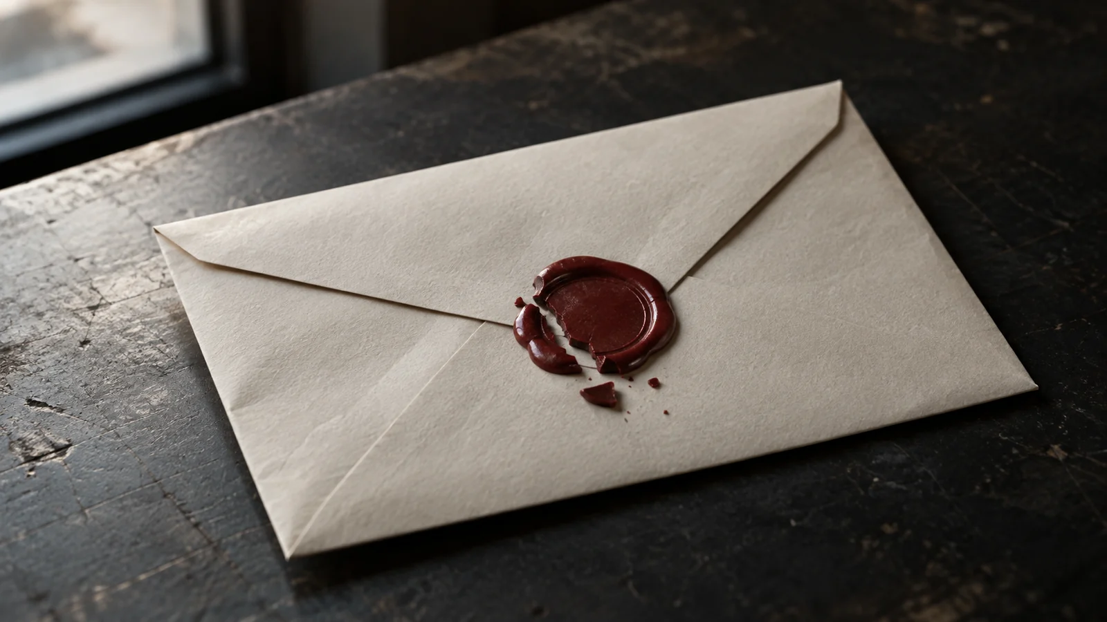 Conceptual photograph: A plain paper envelope with a visibly broken red wax seal on a dark table, no writing