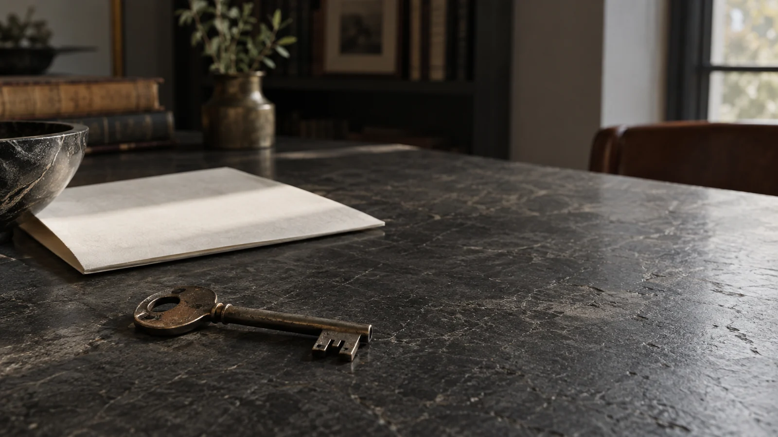 Conceptual photograph: A single unlabeled, well-worn steel key on a dark limestone desk with a folded blank sheet of heavy paper nearby