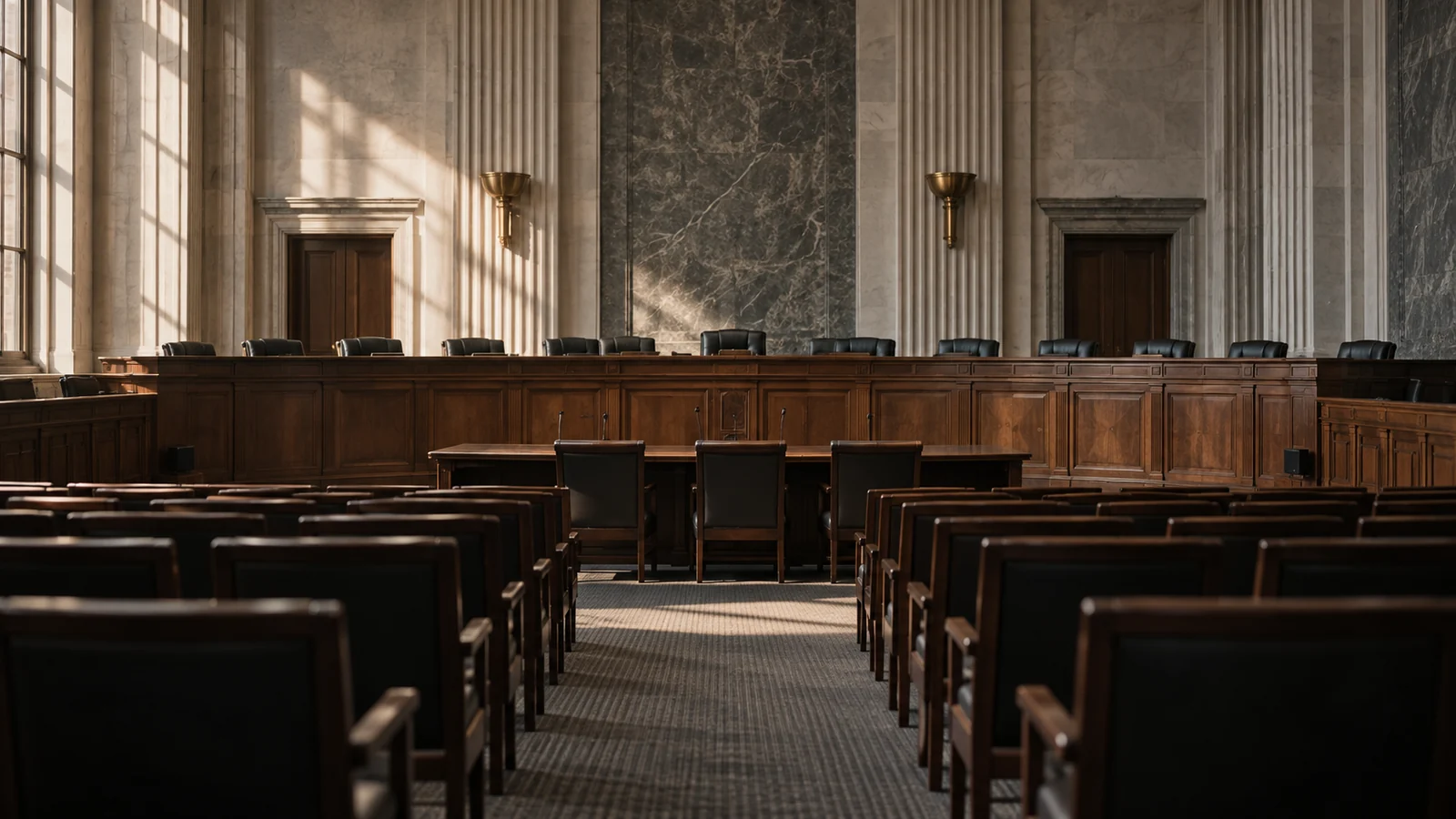 Conceptual photograph: An empty government hearing chamber photographed from the rear, no people, flags, or seals