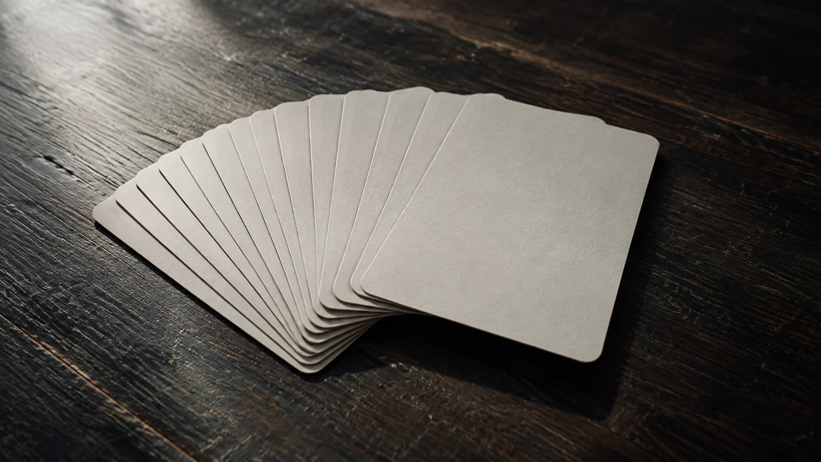 Conceptual photograph: A restrained deck of blank unmarked cards fanned across a dark wooden table