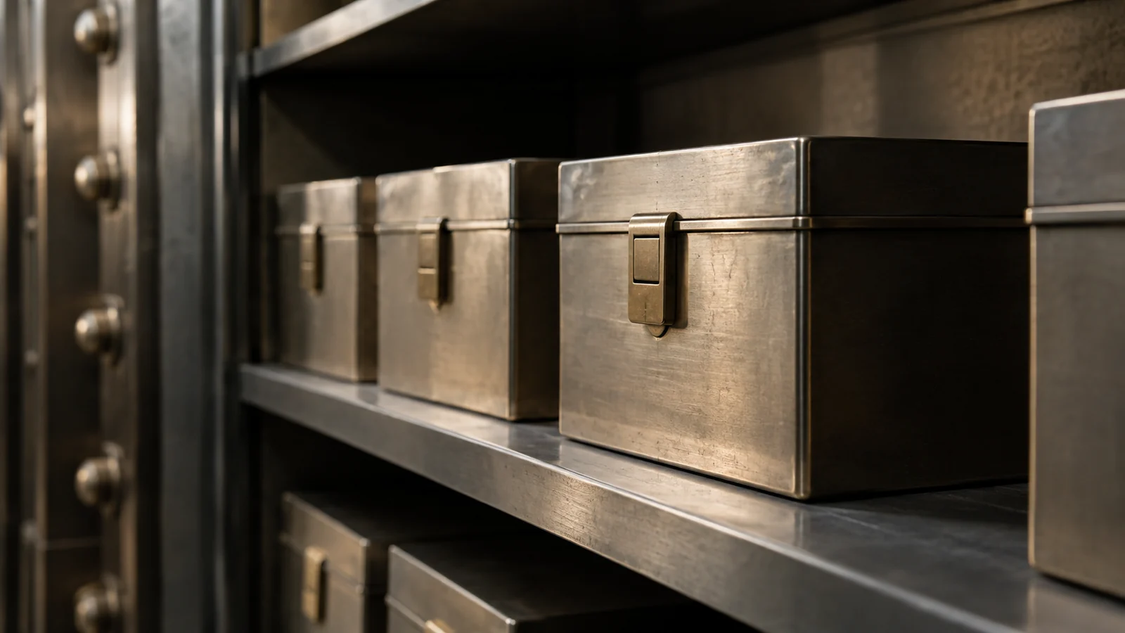 Conceptual photograph: A bank vault shelf with several identical sealed unmarked metal boxes, one isolated in focus