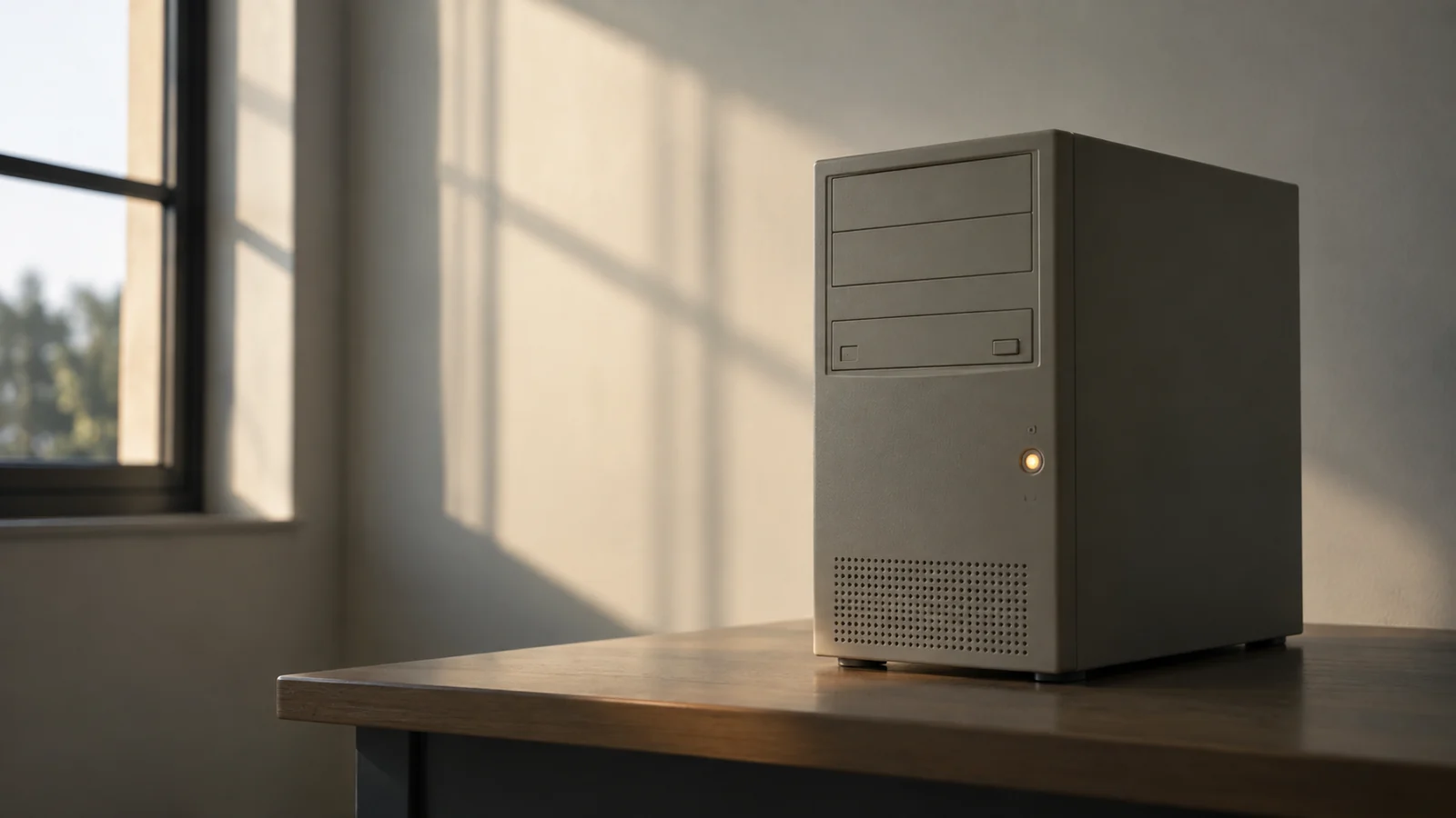 Conceptual photograph: An early personal computer tower lit by a single amber power light