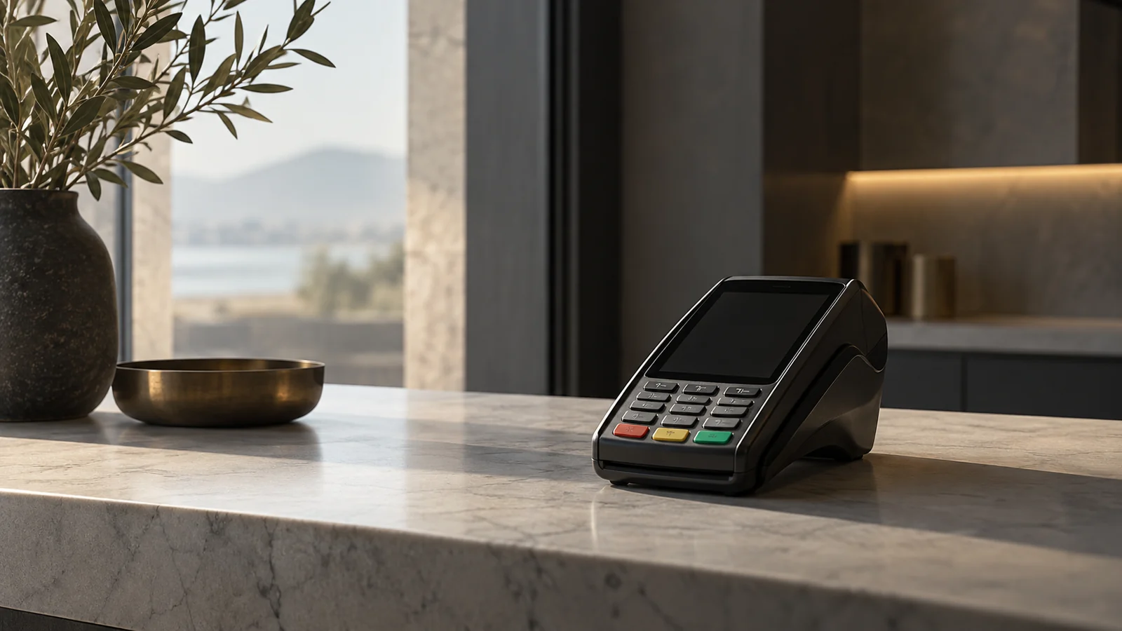 Conceptual photograph: A quiet modern payment terminal on an empty counter, screen dark, no logo or text
