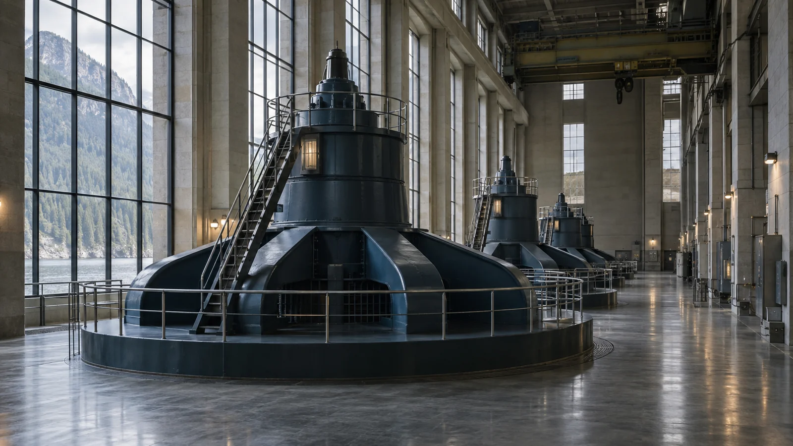 Conceptual photograph: A realistic hydroelectric turbine hall with clean industrial machinery and cool natural daylight