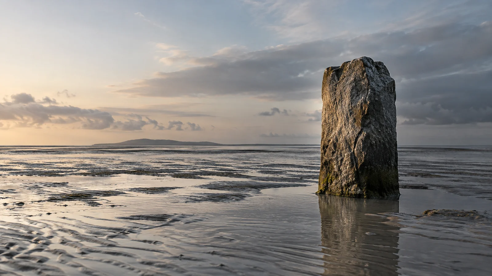 Conceptual photograph: A lone stone marker firmly set on an expansive flat tidal beach at low tide, calm horizon