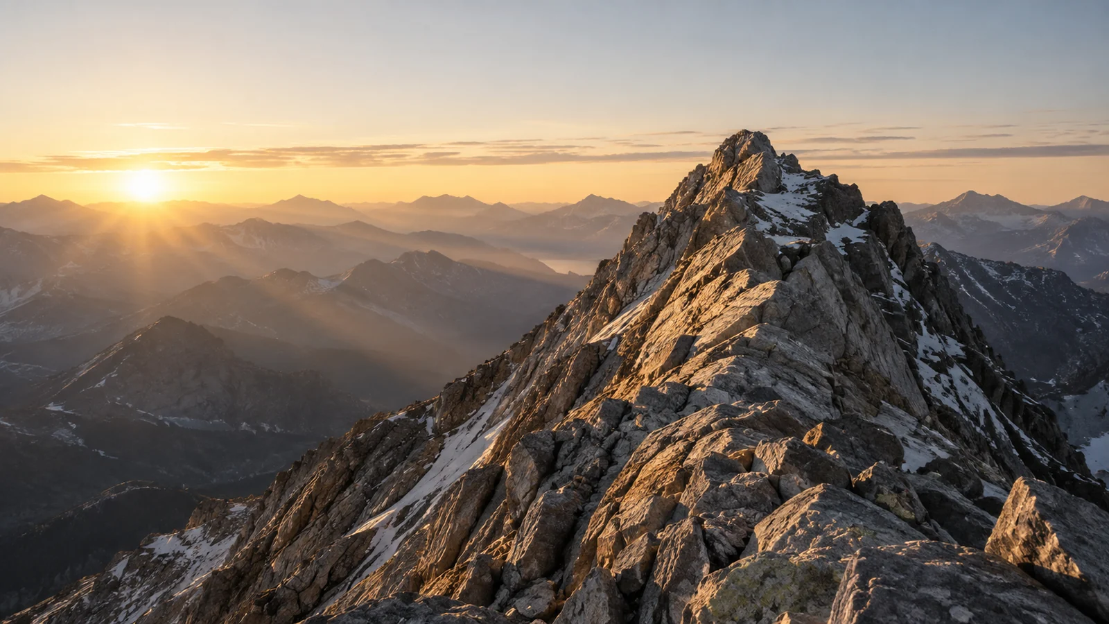 Conceptual photograph: A single rugged alpine ridgeline in clear early morning light, no climbers or signage