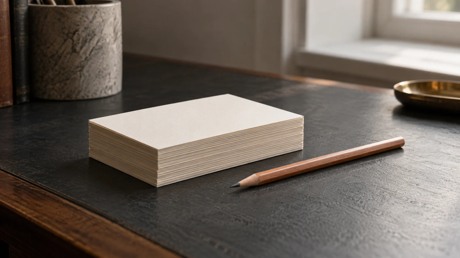 Conceptual photograph: A neat stack of blank ivory index cards beside one sharpened pencil on a dark writing desk