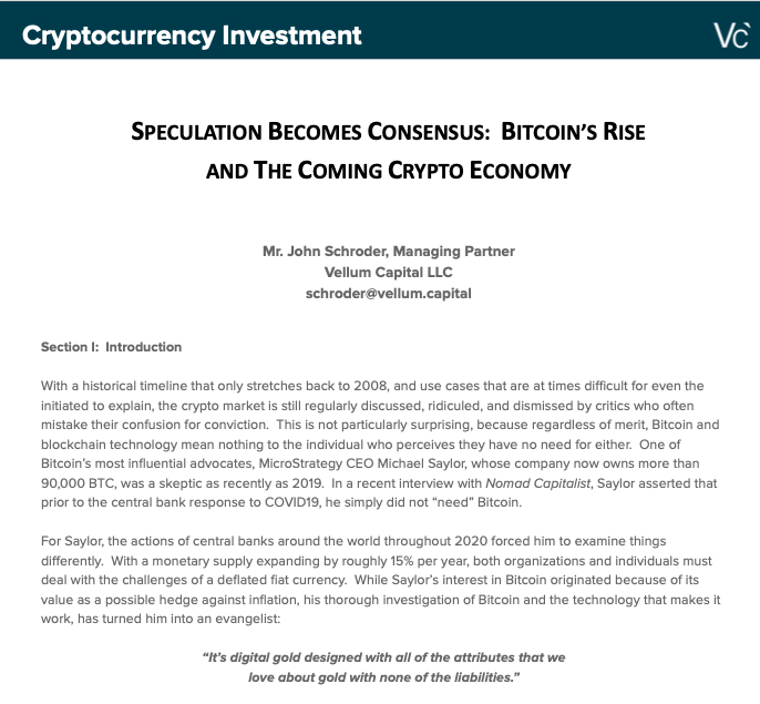 Cover of the Vellum Capital whitepaper Bitcoin's Rise and the Coming Crypto Economy